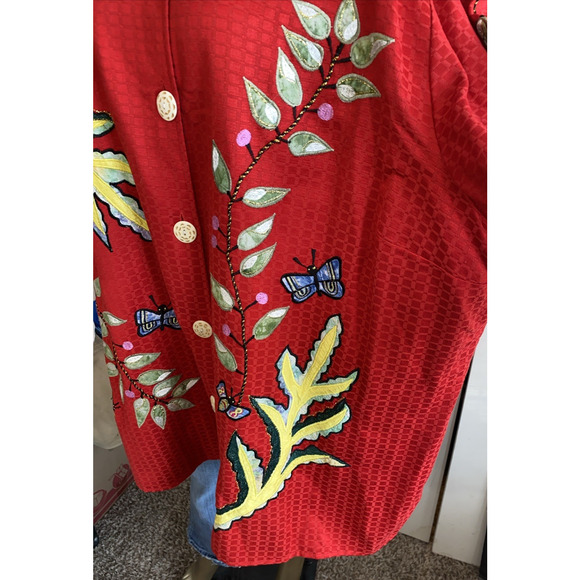 Vtg Maggie Barnes Jacket Red Floral Butterfly Wearable Art Plus Size 4X (J43) - Picture 5 of 12